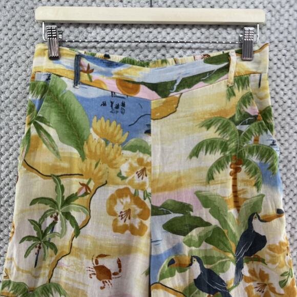 Rachel Zoe Pants S Yellow Linen Tropical Novelty Print PullOn High Rise Wide Leg - Picture 3 of 15